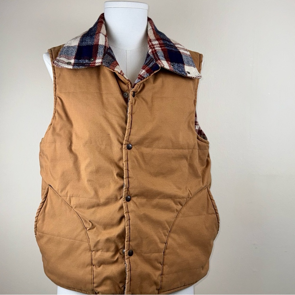 Golden Fleece Men’s Vest Large beige twill and wool plaid Vintage Gorpcore